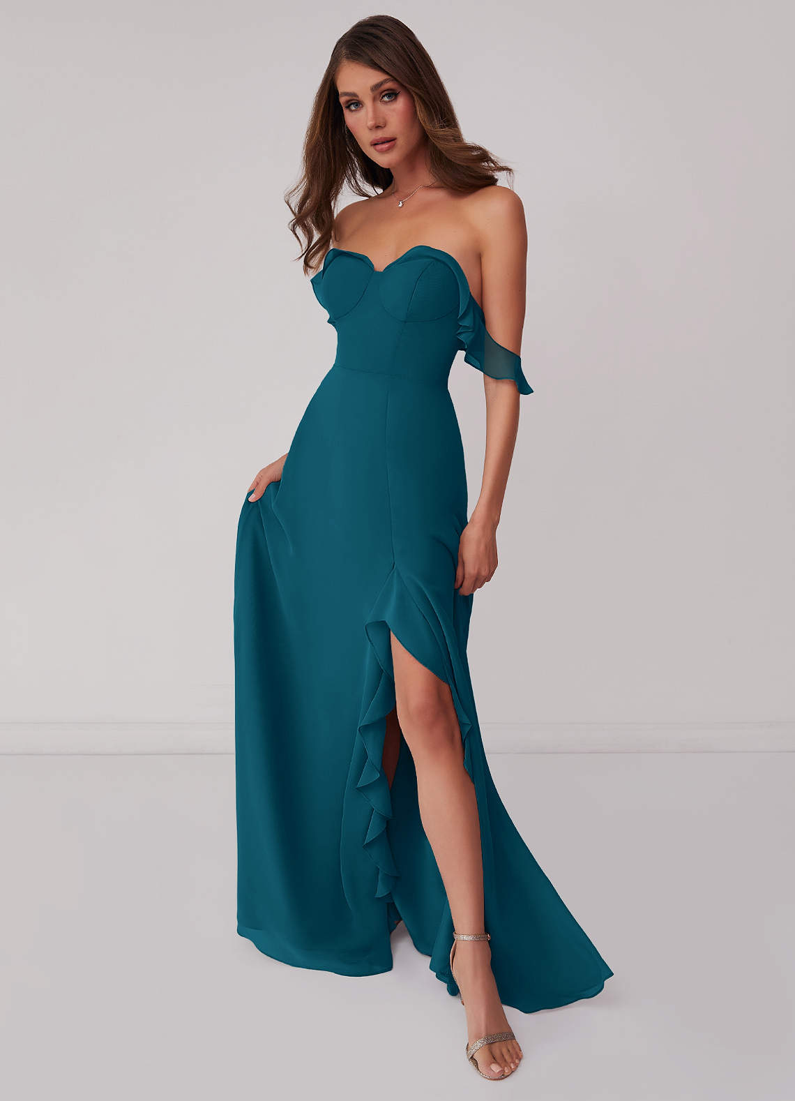 Barbie ♥ Azazie Bridesmaid Dresses Ink Blue A-Line Off the Shoulder Chiffon Convertible Dress image1