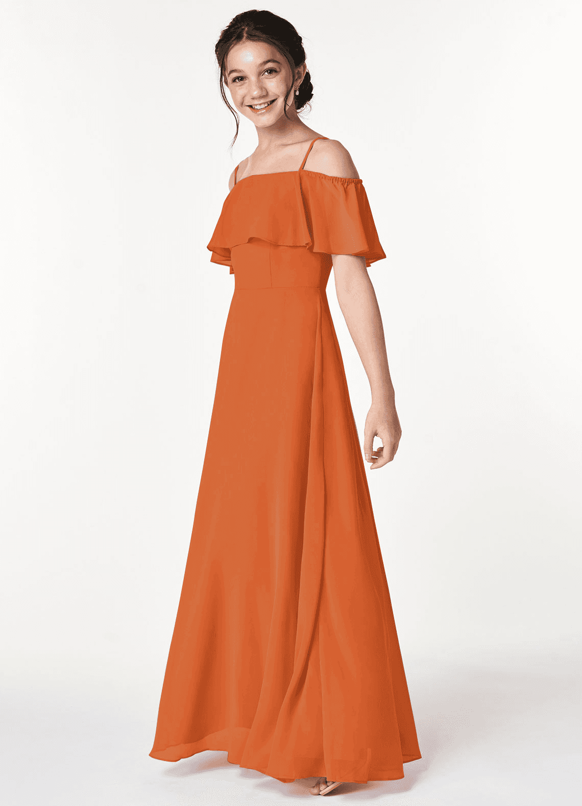 Azazie Maggie Junior Cinnamon A-Line Off the Shoulder Chiffon Dress image4