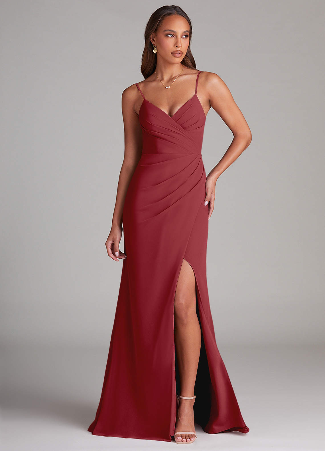 Azazie Maci Bridesmaid Dresses Pomegranate Sheath Pleated Chiffon Dress image1