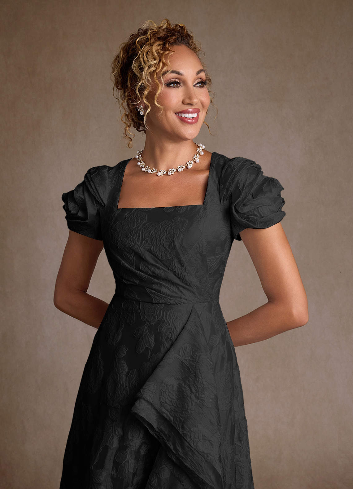 Azazie Hermina Black Jacquard A-Line Pleated Floral Jacquard Dress