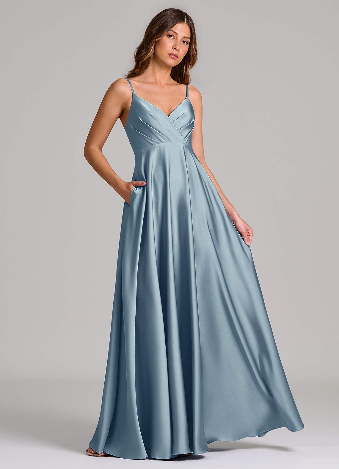 Azazie Amani Klänningar att prova hemma Klä av A-Linje i Stretch Satin Plisserad Dammblå image3