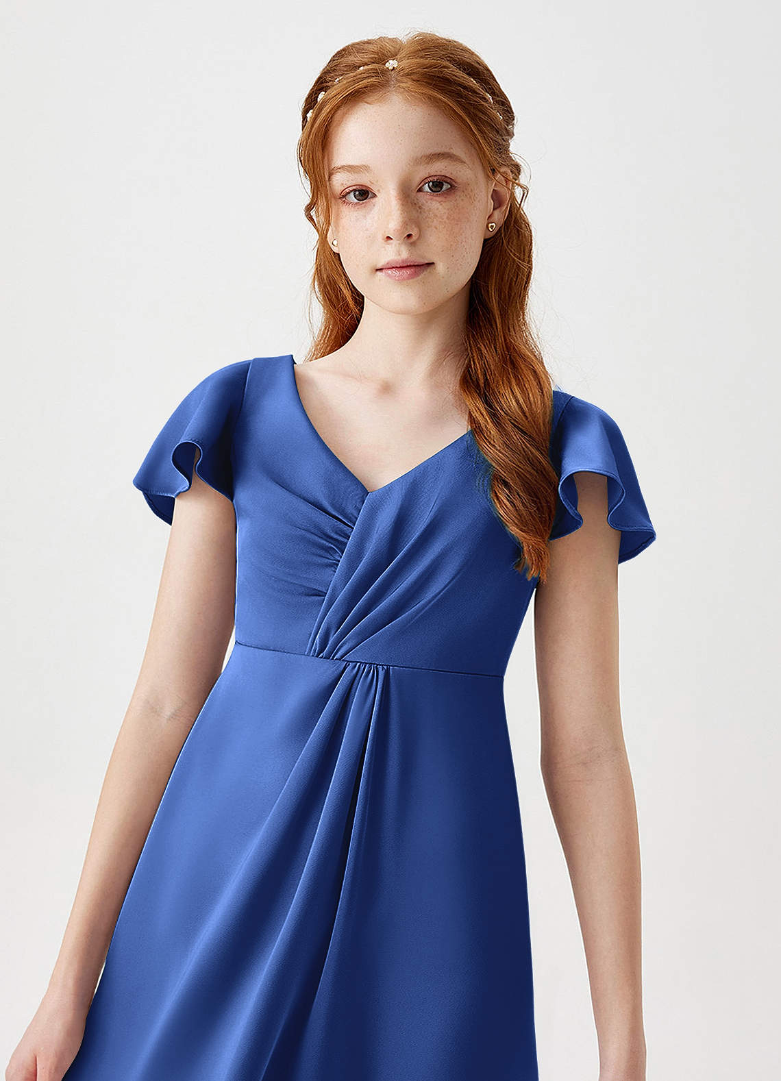 Azazie Soren Junior Abito A-Line in Raso Elasticizzato Increspato Blu Reale image1