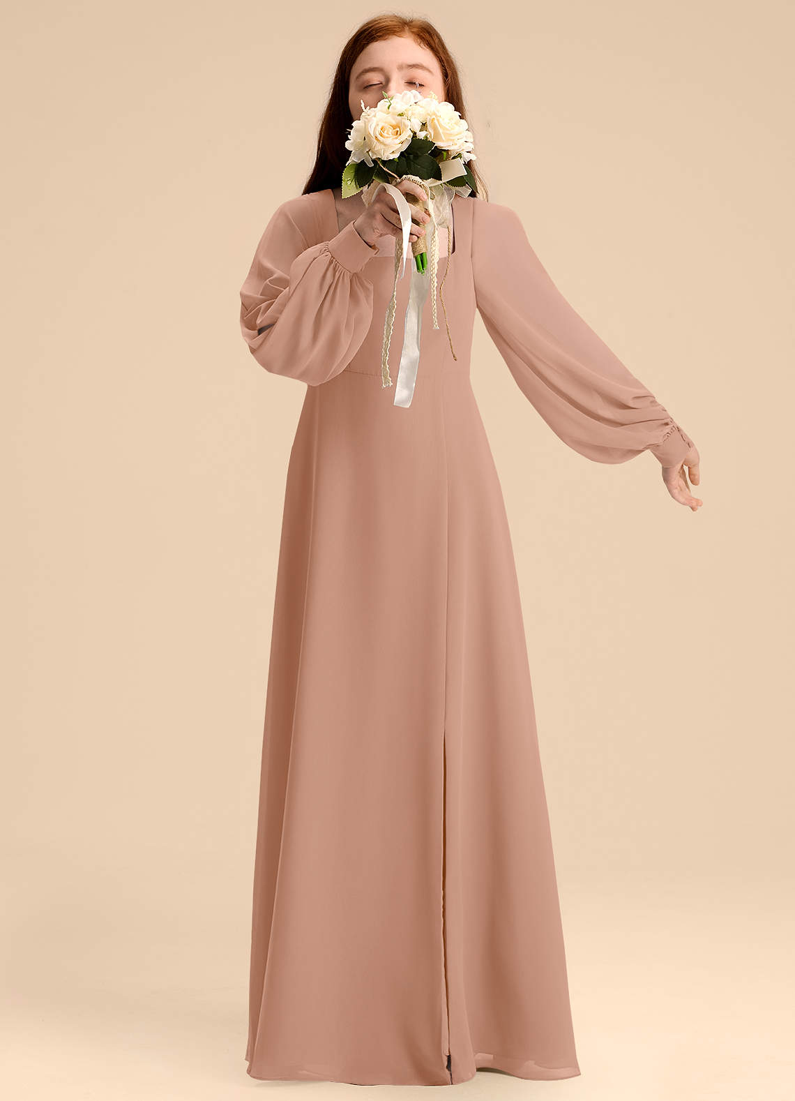 Azazie Bondi Junior Vestido de Champán Rosado de Gasa de Corte en A con Blusón image1