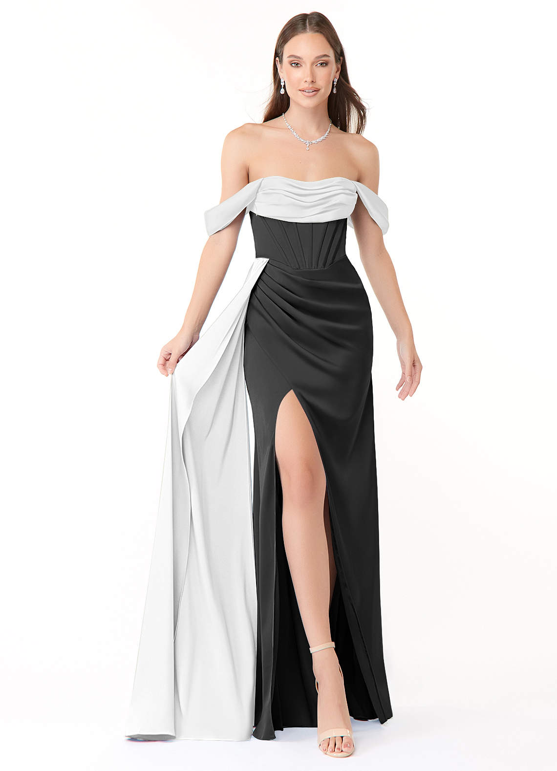 Azazie Amyra Bridesmaid Dresses Ivory Black Mermaid Off the Shoulder Stretch Satin Convertible Dress image1