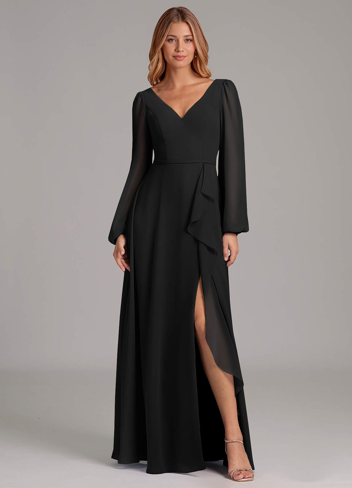 Azazie Simone 신부 들러리 드레스 A라인 긴팔 쉬폰 바닥 길이 드레스 image1