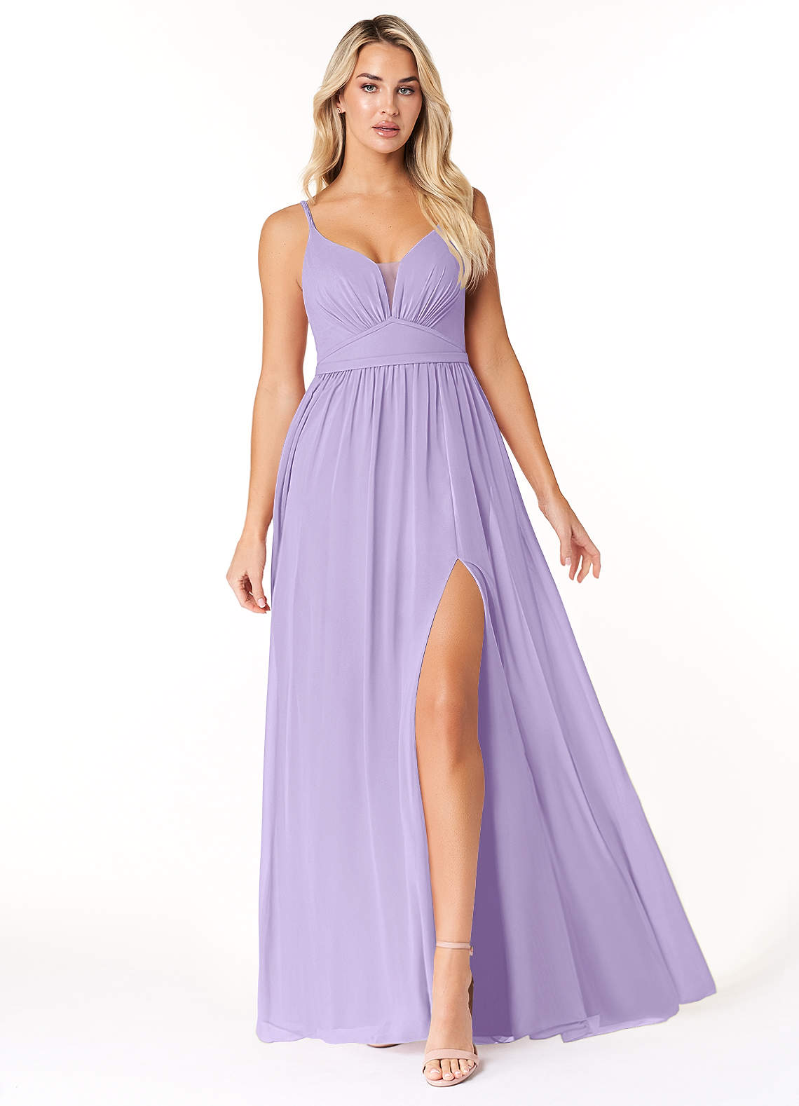 Azazie Rayna Robes de demoiselle d'honneur Robe Trapèze en Mousseline de soie Col V plissé Lilas image1