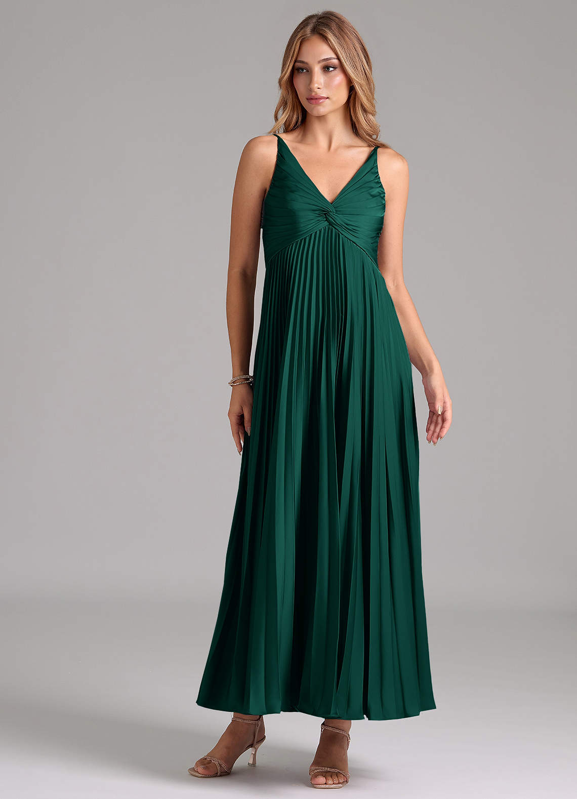 Azazie Raychelle Bridesmaid Dresses Emerald A-Line Pleated Stretch Satin Dress image1