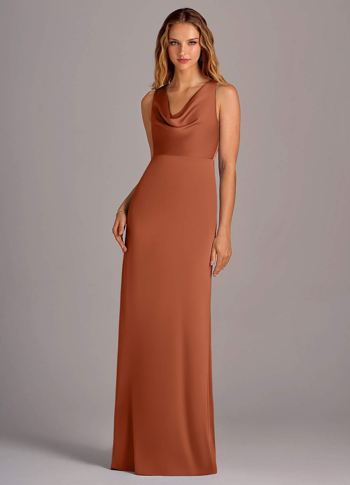 Azazie Wrenlee Bridesmaid Dresses Cedar Rose A-Line Stretch Satin Dress image1