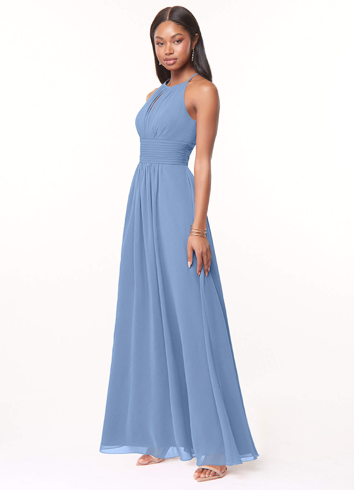 Azazie A Line Halter Floor Length Chiffon Bridesmaid Dresses Steel Blue