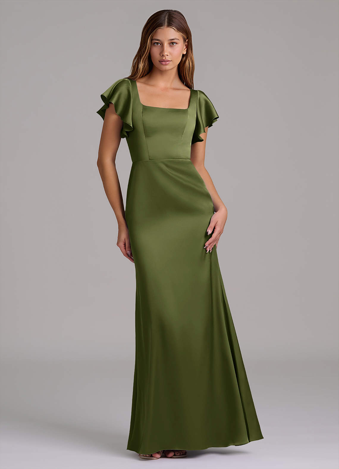 Azazie Elkie 신부 들러리 드레스 인어 스퀘어 네크라인 스트레치 새틴 바닥 길이 드레스 image1