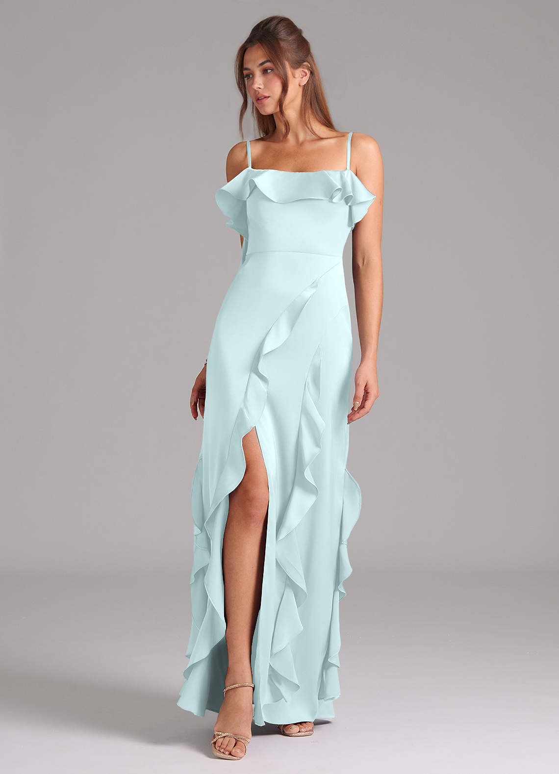 Azazie Malia Robes de demoiselle d'honneur Robe Trapèze en Satin extensible Fente Latérale Verre De Mer image1