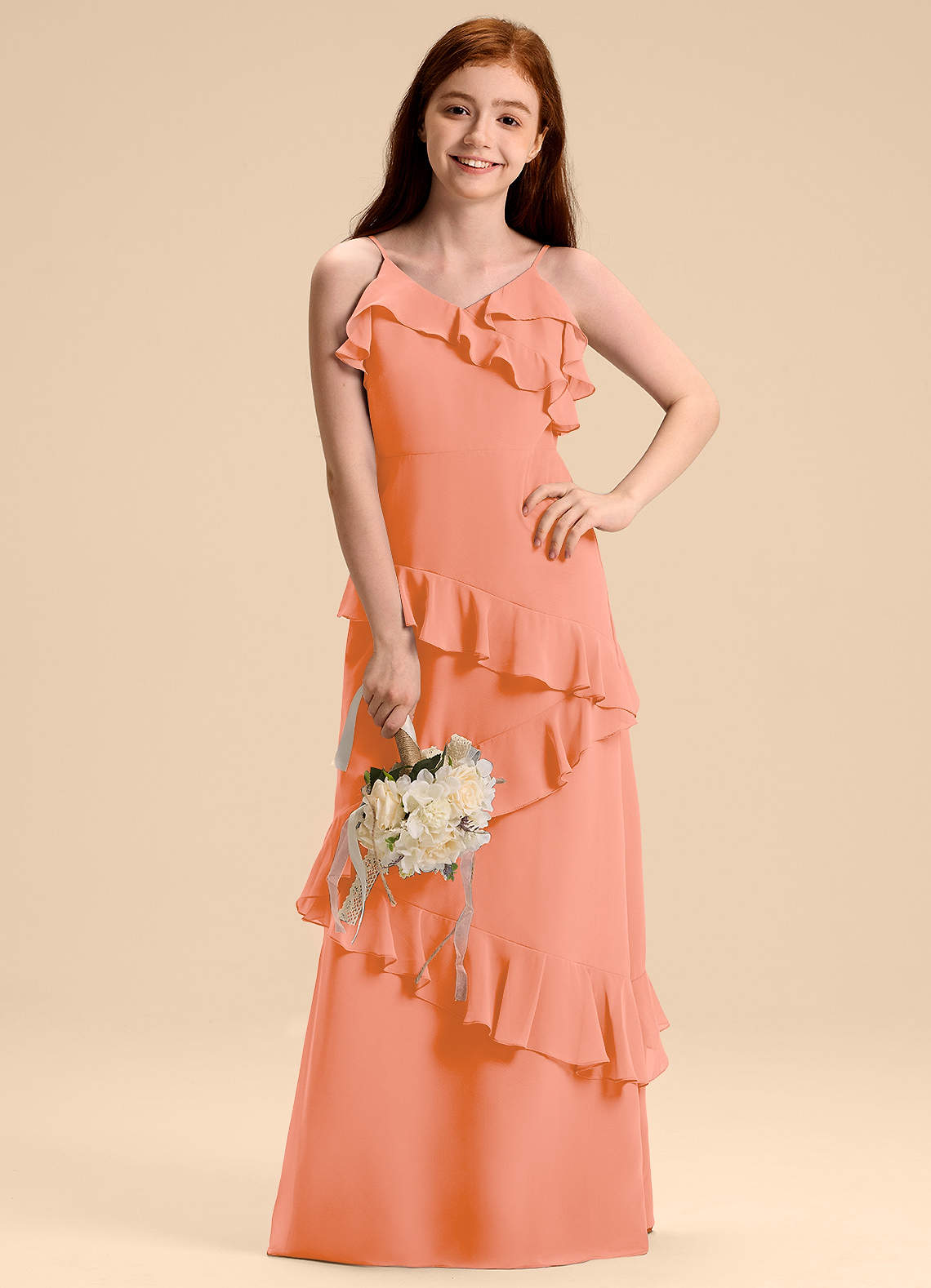 Azazie Evara Junior A-Linie Chiffon Kleid Sonnenuntergang image1