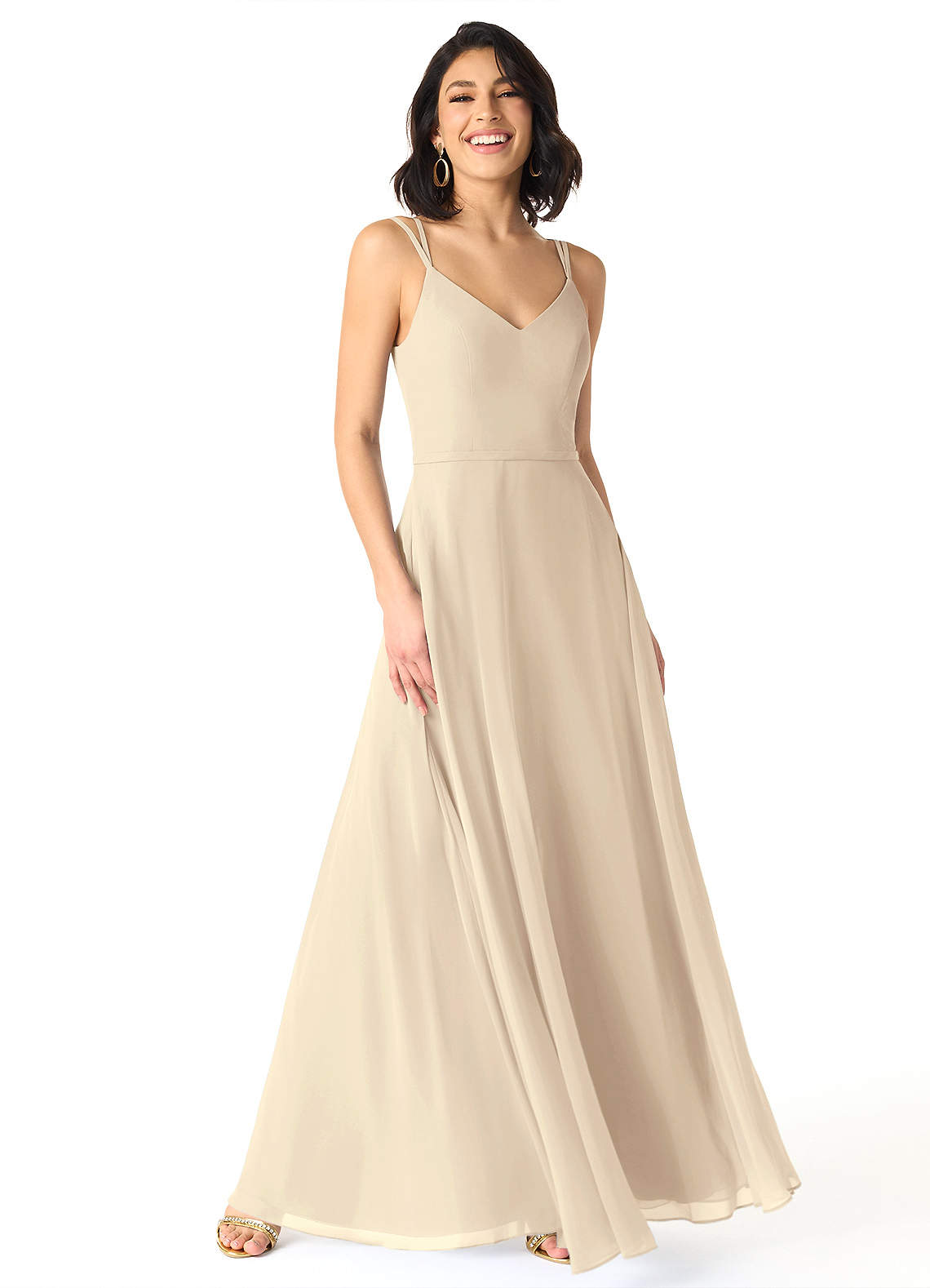 Azazie Janine Bridesmaid Dresses Champagne A-Line V-Neck Chiffon Dress image1