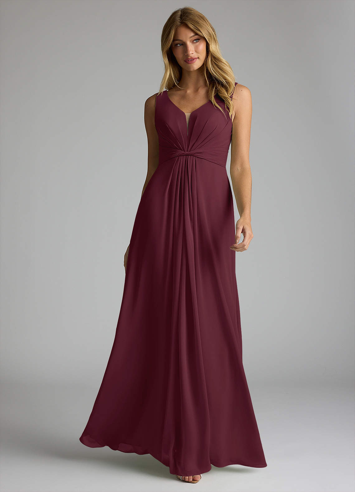 Azazie Gina Bridesmaid Dresses Cabernet A-Line V-Neck Pleated Chiffon Dress image1