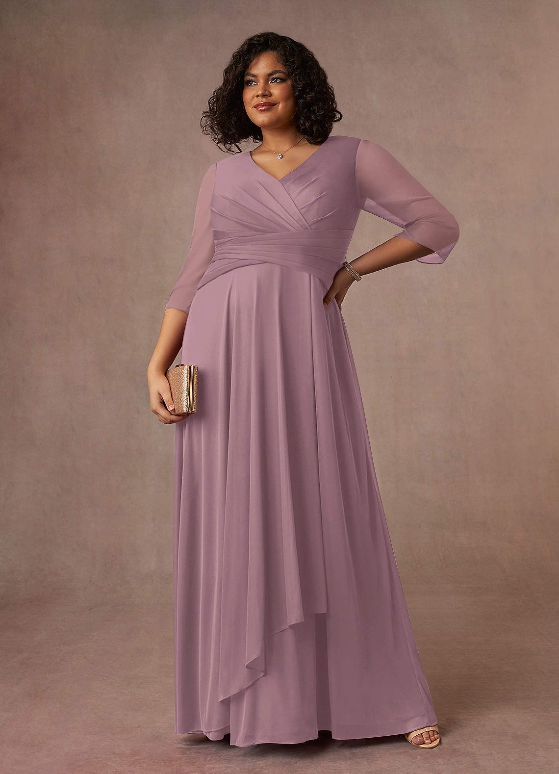 Azazie Annetta Mother of the Bride Dresses Dusty Rose A-Line V-Neck Pleated Mesh Dress image6