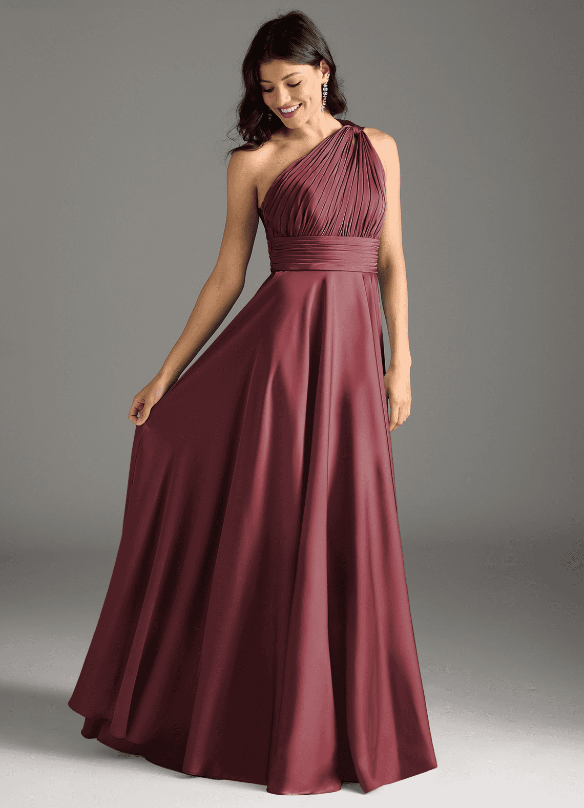 Azazie Charlize Vestidos de damas de honor Vestido de Merlot de Satén Elástico de Corte en A con Hombro unilateral image1
