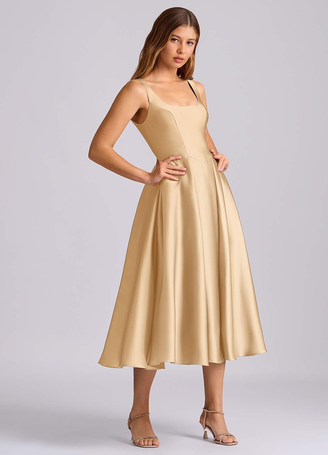 Azazie A-Line Square Neck Tea-Length Stretch Satin Bridesmaid Dresses - Gold