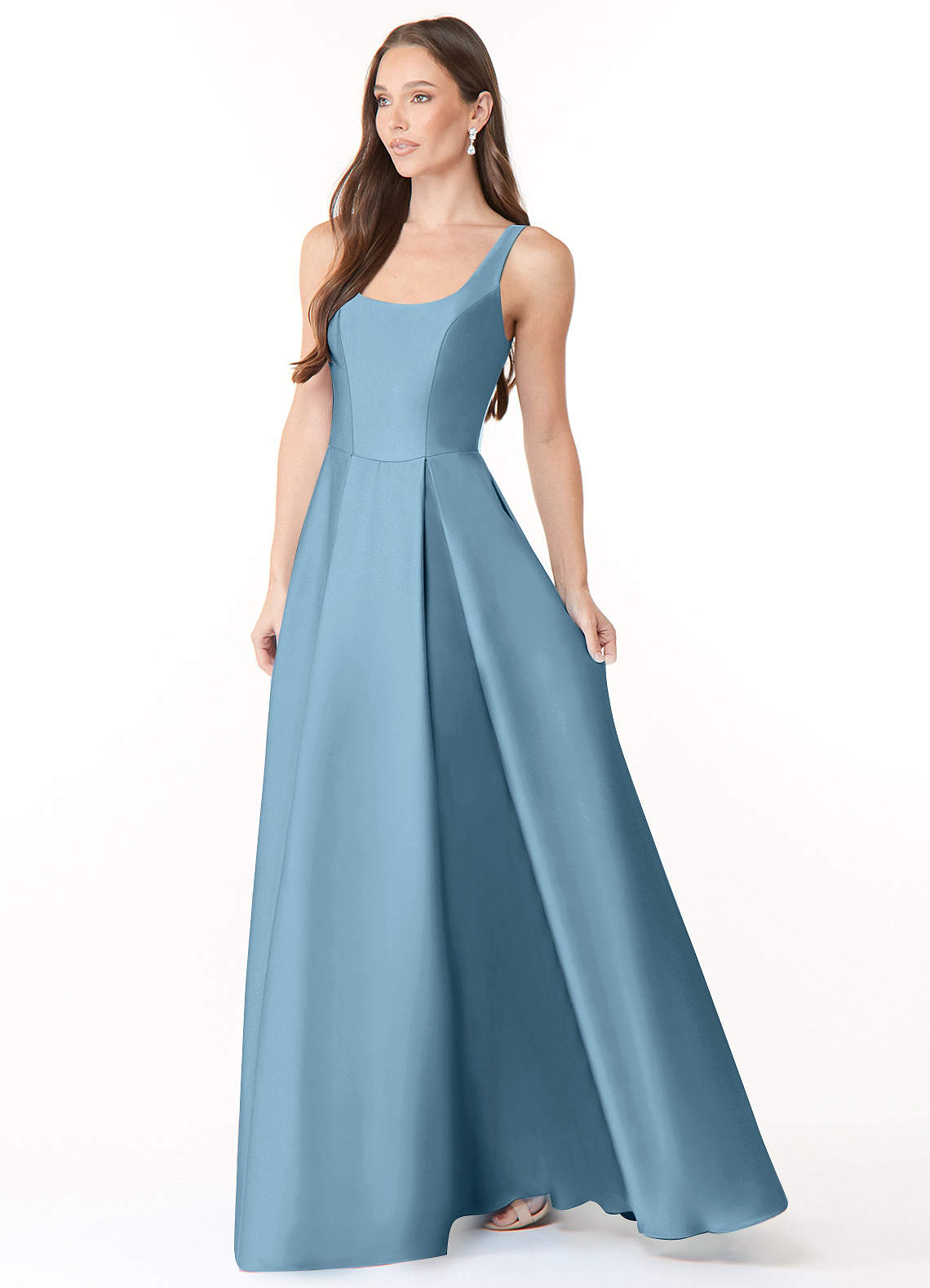 Azazie Ball Gown Square Neck Floor Length Stretch Satin Bridesmaid Dresses Steel Blue