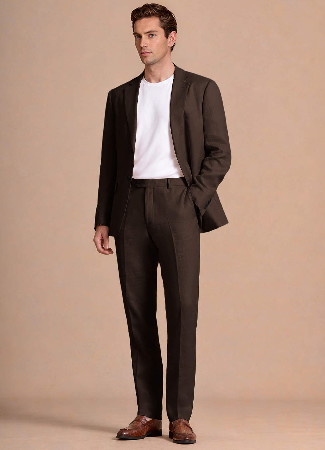 front Wesley Dark Brown Linen Blend Suit