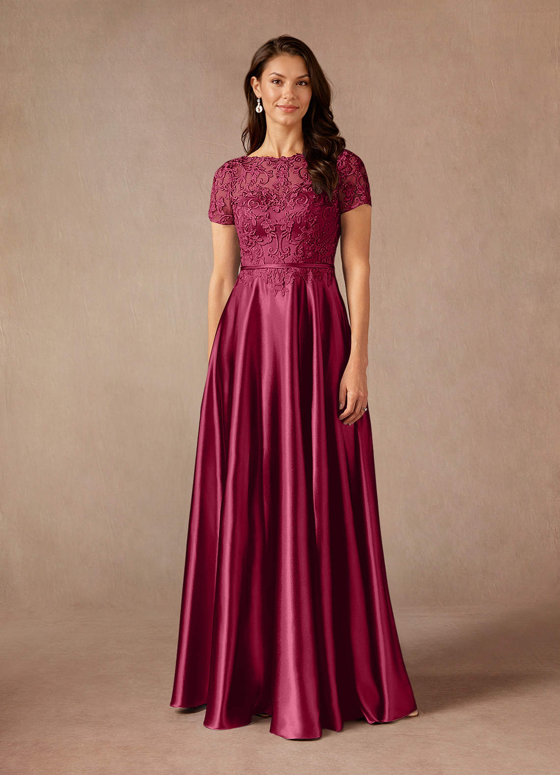Azazie Adina Mother of the Bride Dresses Burgundy A-Line Lace Metallic Satin Dress image1