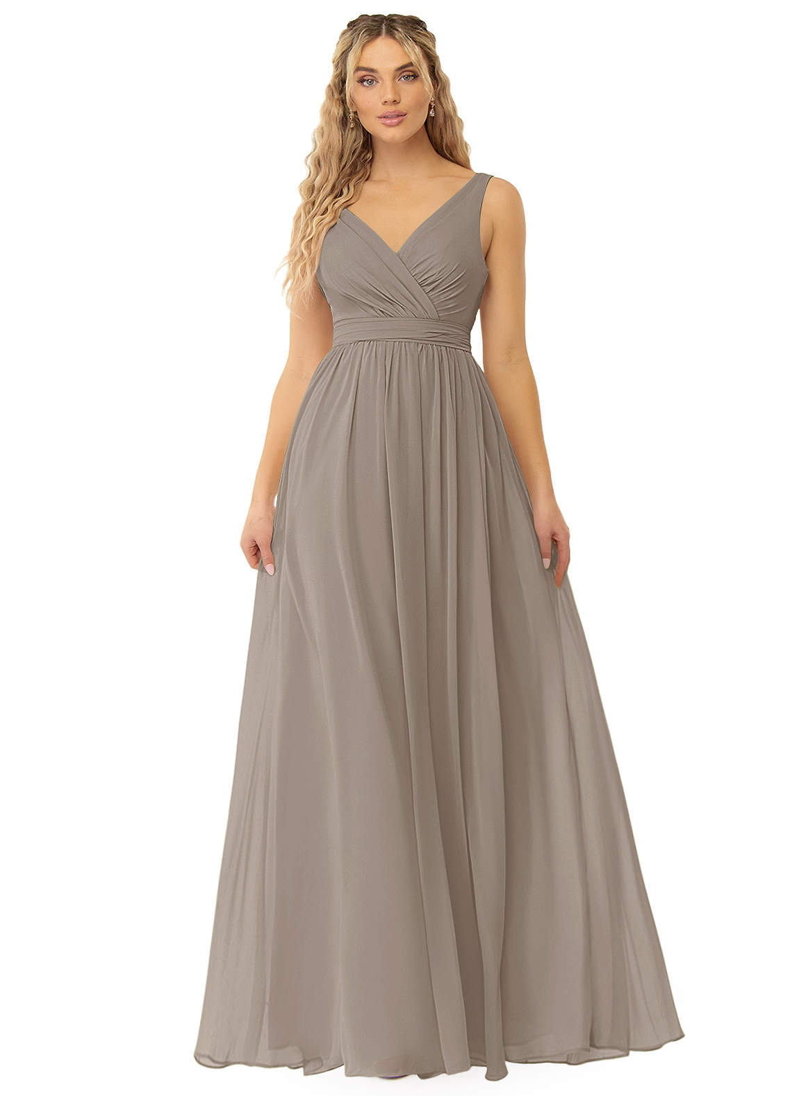 Azazie Kora Bridesmaid Dresses Taupe A-Line Pleated Chiffon Dress image1