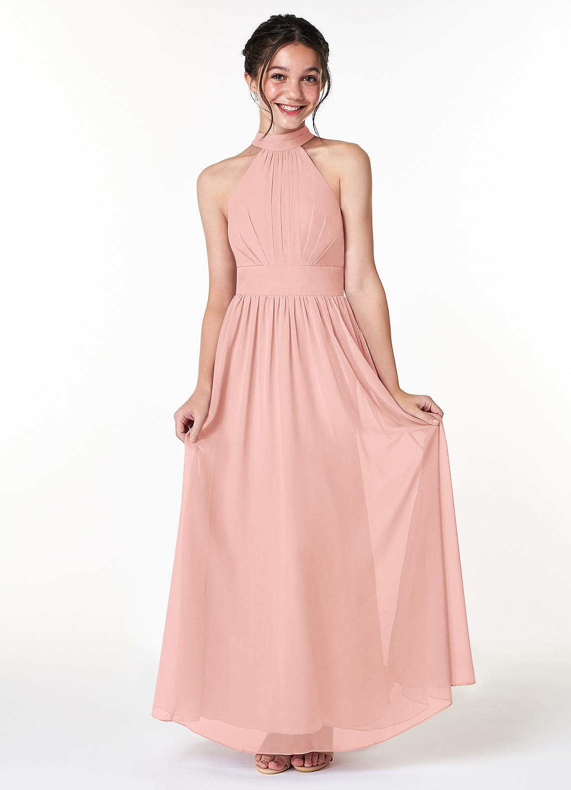 Azazie Iman Junior A-Linie Plissee Chiffon Kleid Rosettenrosa image1