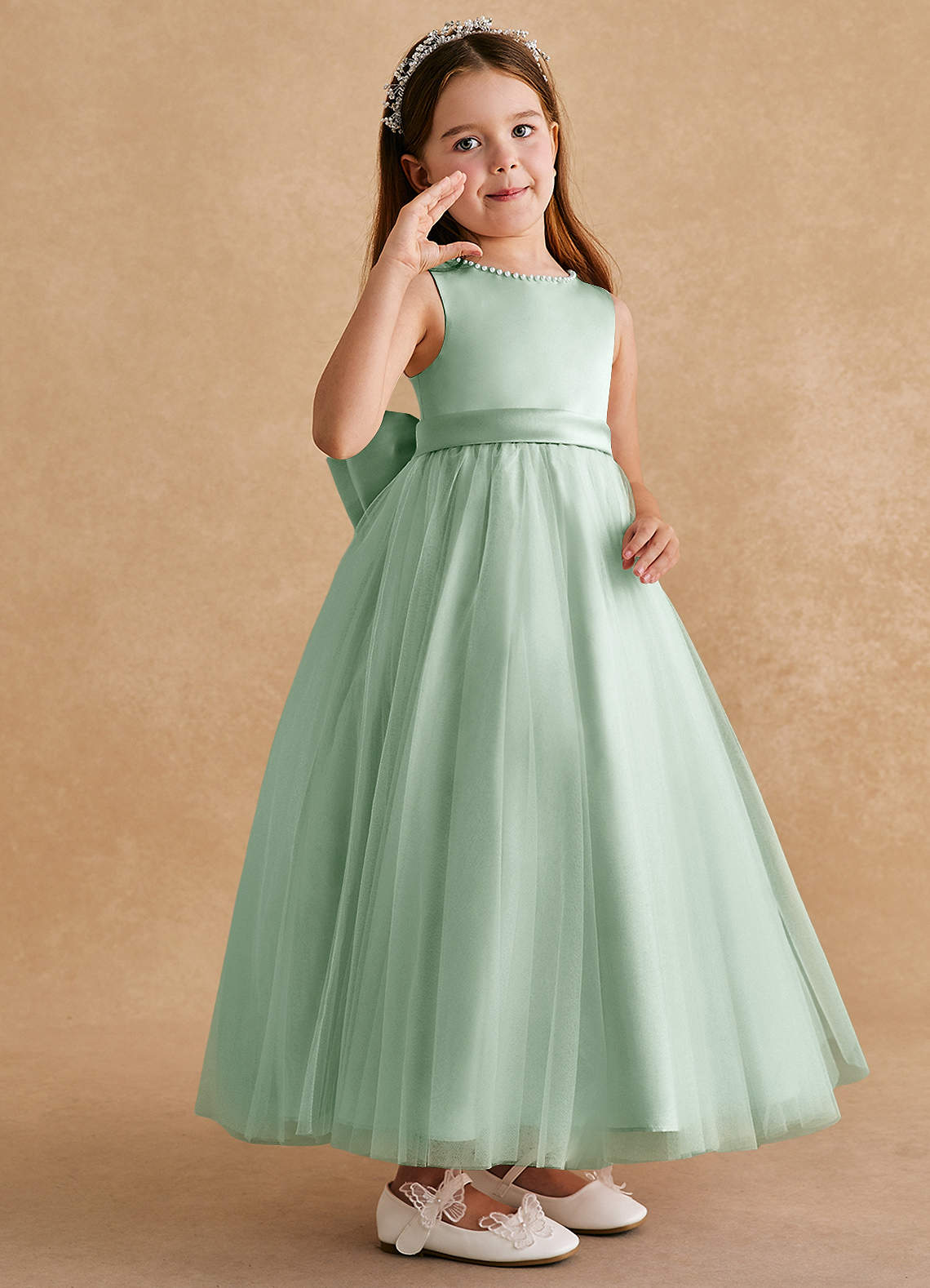 Azazie Cookie Flower Girl Dresses Agave A-Line Bow Tulle Dress image1