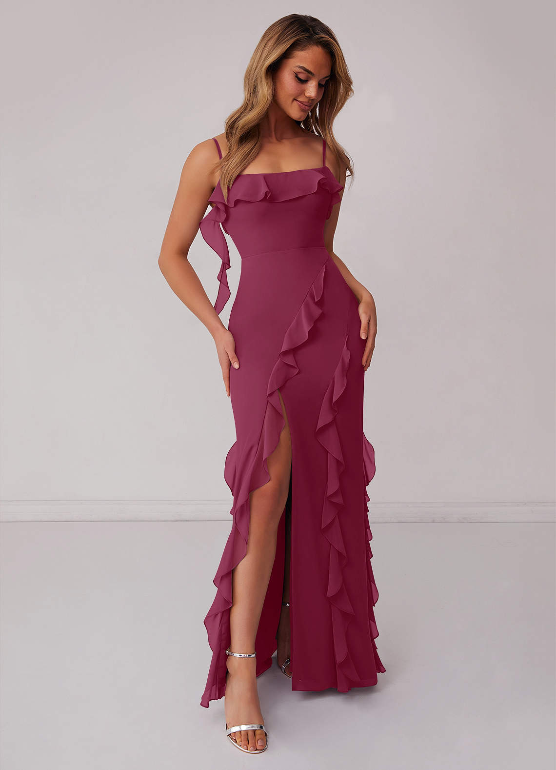 Scoop Ruffles Fall Satin Side Slit Bridesmaid Dresses main image 1