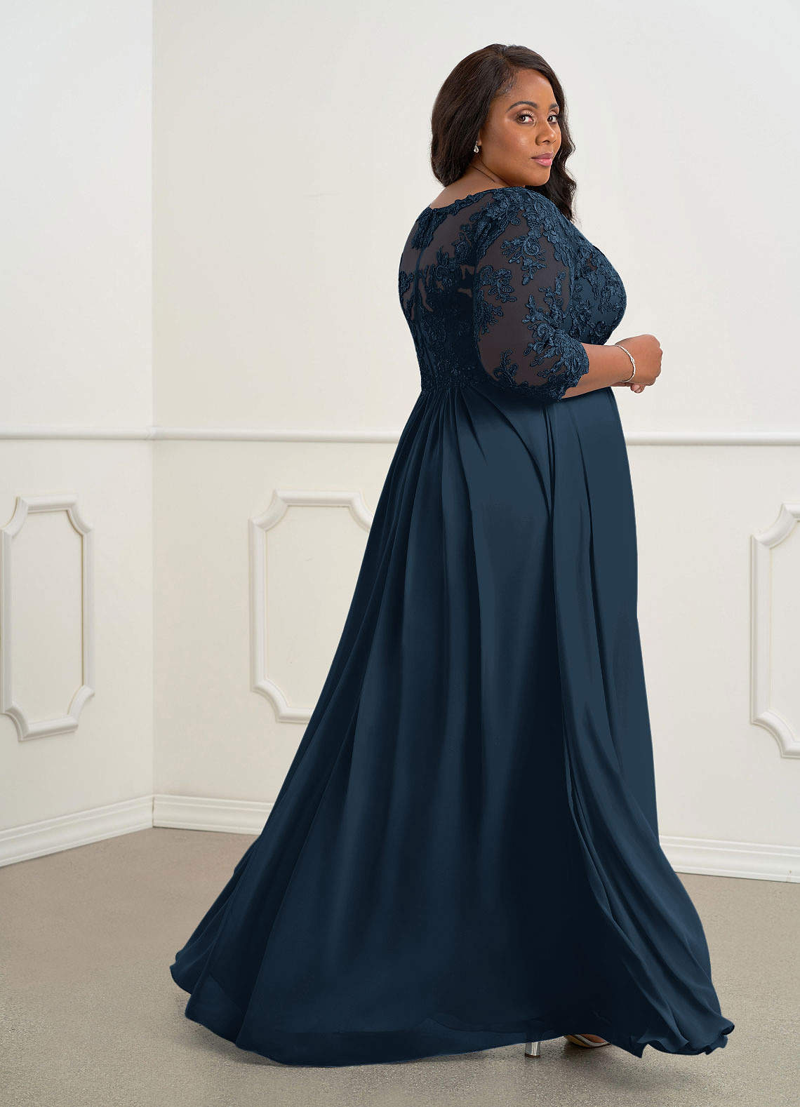 Azazie Hayek Dark Navy A-Line V-Neck Lace Chiffon Dress | Azazie