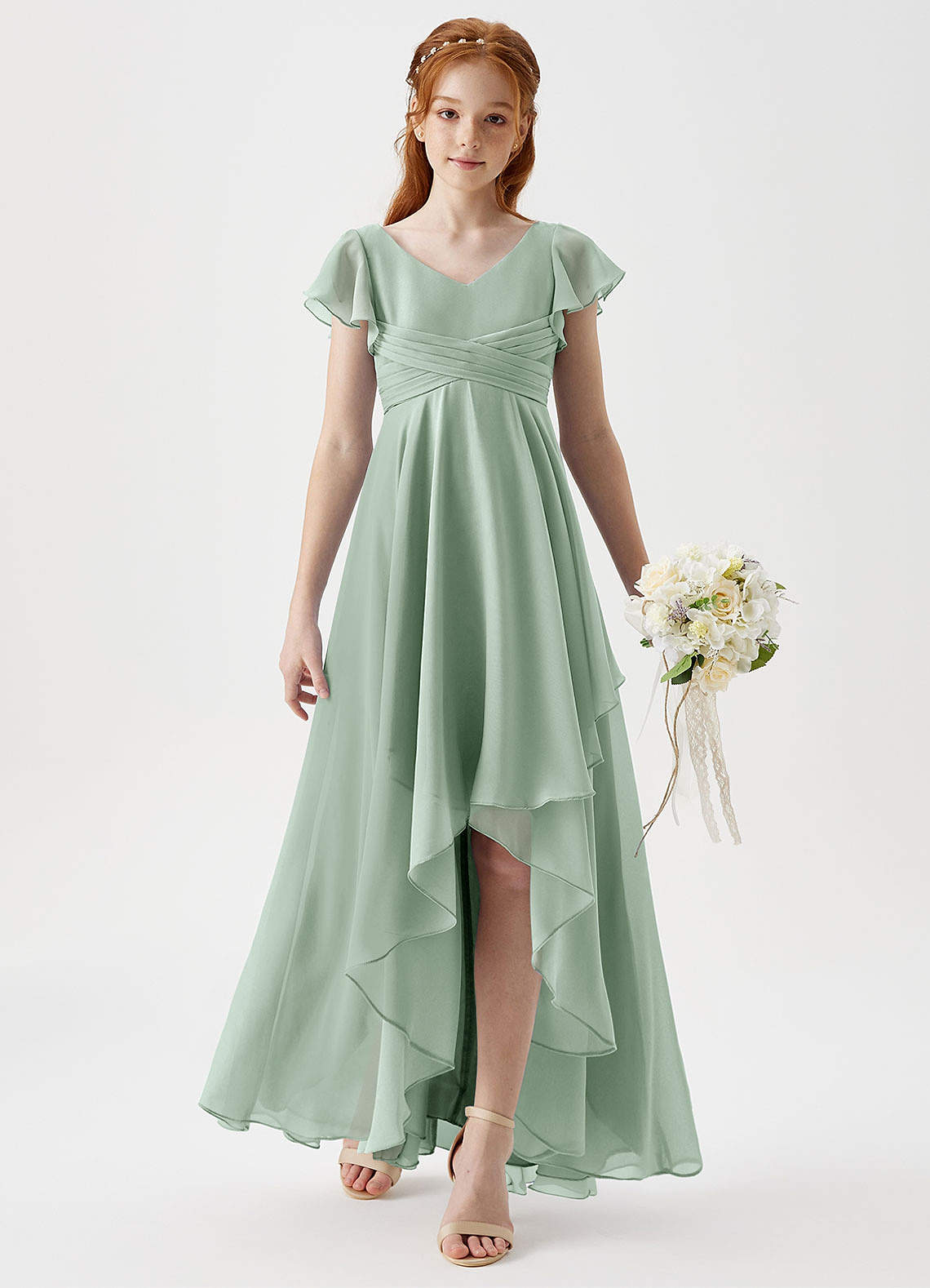 Azazie Caria Junior Agave A-Line Pleated Chiffon Dress image2