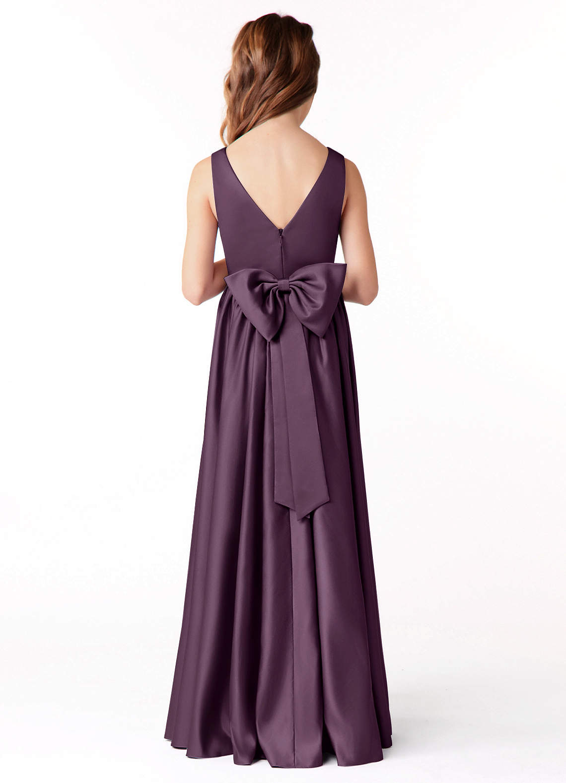 Azazie Hathaway Junior Vestido Ameixa de Cetim elástico de Linha A com Arco image1