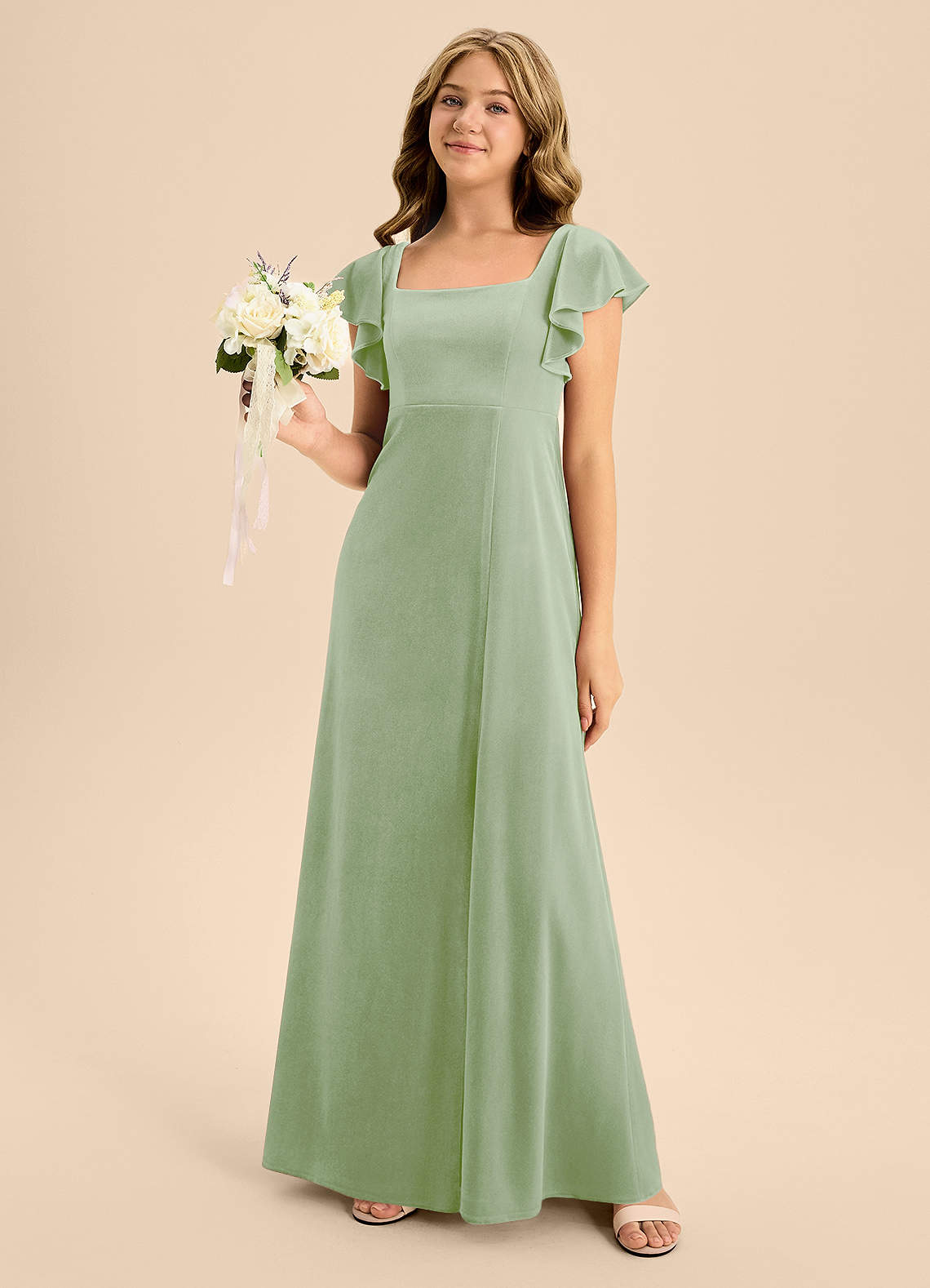 Azazie Bondi Junior Dusty Sage A-Line Bow Velvet Dress image1