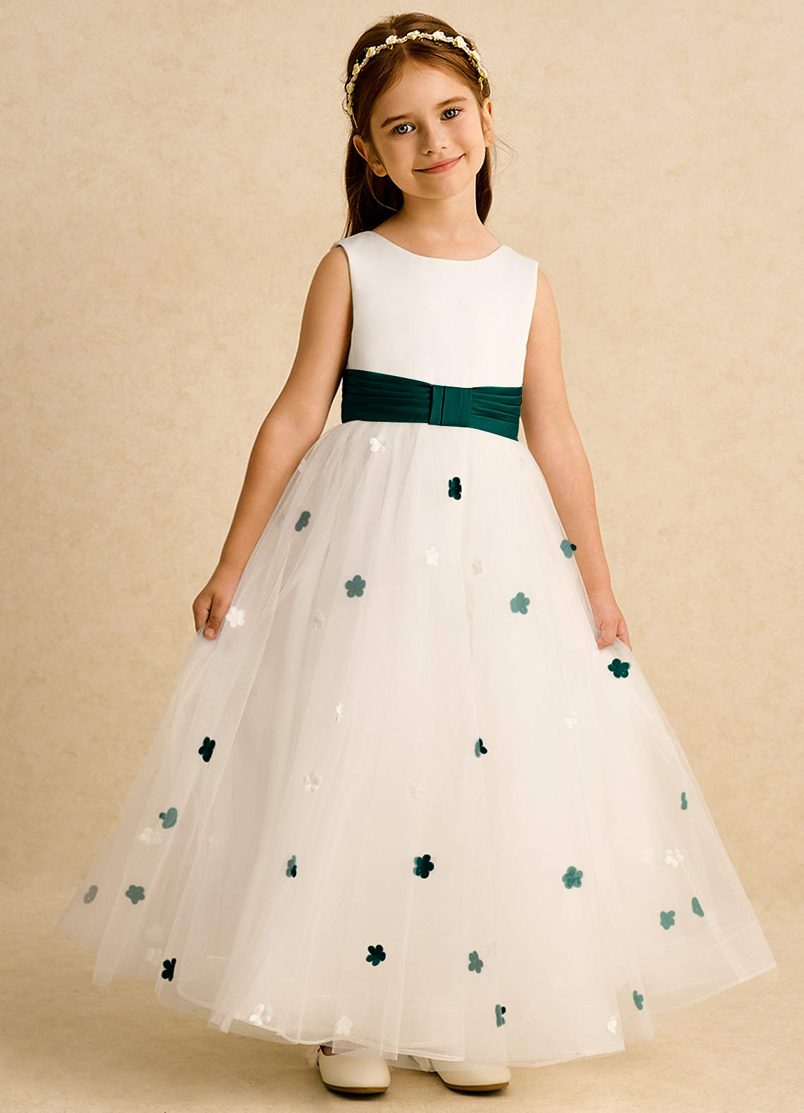 Azazie Cricket Flower Girl Dresses Ivory Pine Ball-Gown Pleated Matte Satin Dress image1