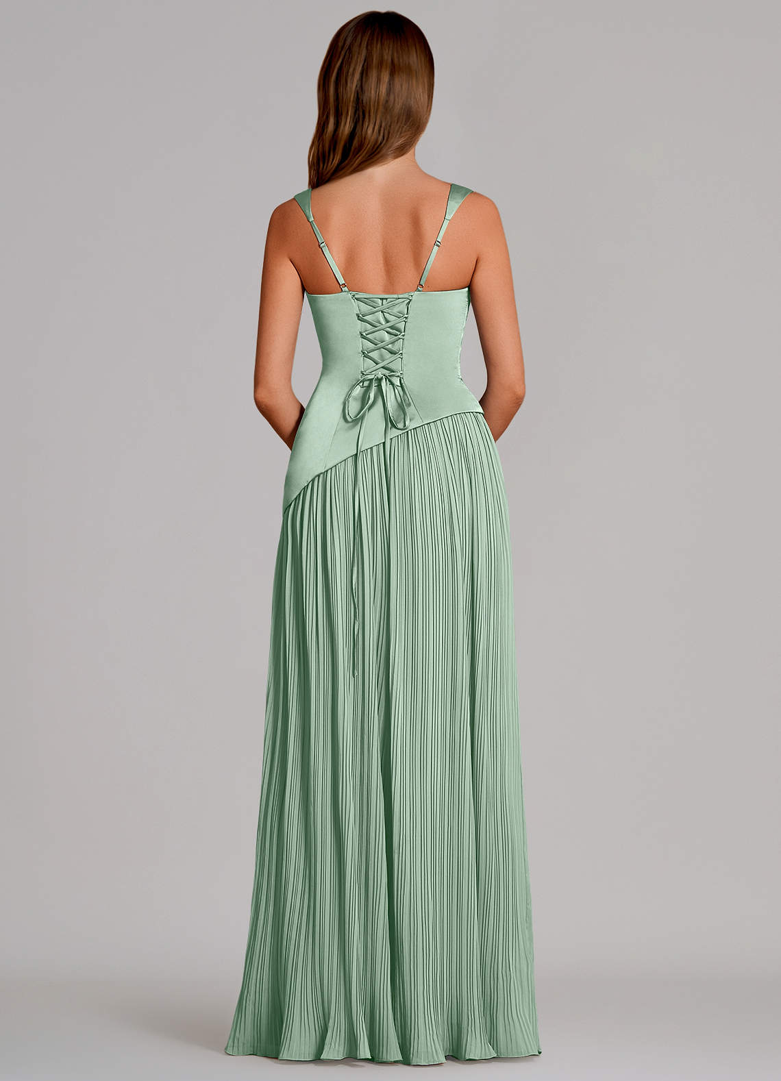 Azazie Stephanie Vestidos de damas de honor Vestido de Agave de Satén Elástico de Corte en A con Plisado image4