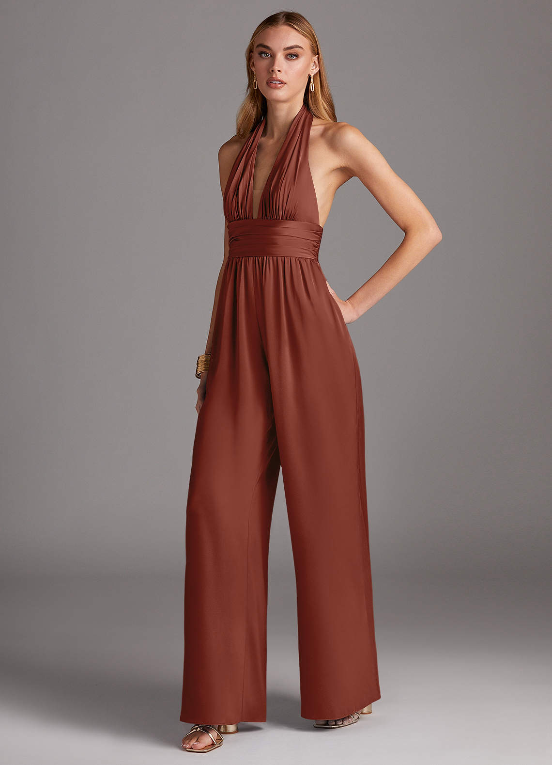 Azazie Oli Brautjungfernkleider Plissee Stretch-Satin Overall/Jumpsuit Rotbraun image1