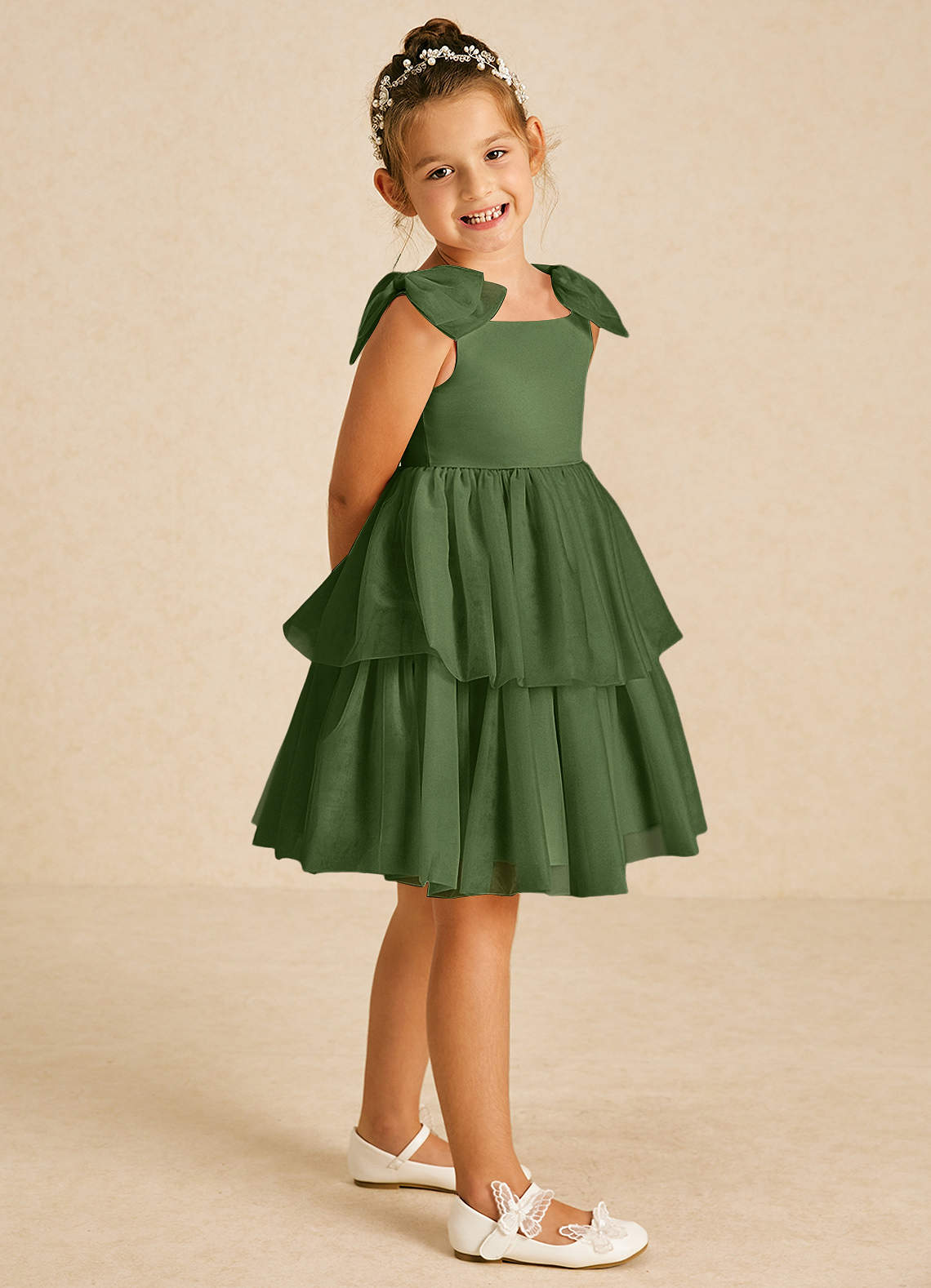 Azazie Vanellope Flower Girl Dresses Olive A-Line Bow Tulle Dress image1