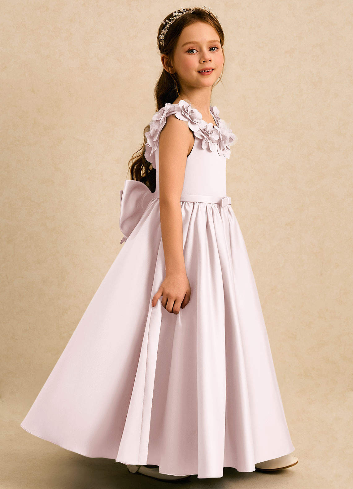 Azazie Eden Flower Girl Dresses Blushing Pink Ball-Gown Pleated Matte Satin Dress image2