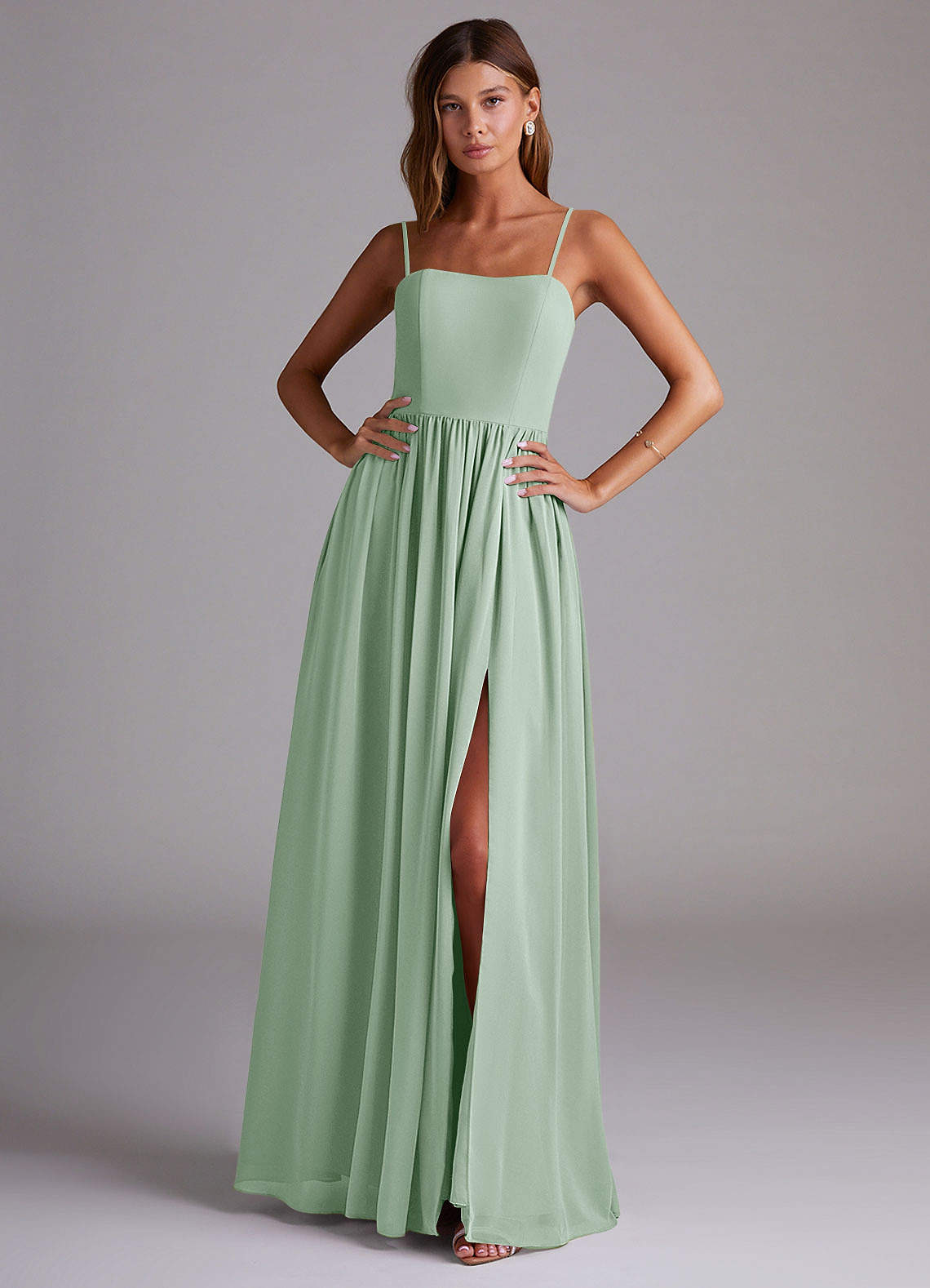 Azazie Calianna Bridesmaid Dresses Agave A-Line Off the Shoulder Chiffon Convertible Dress image1