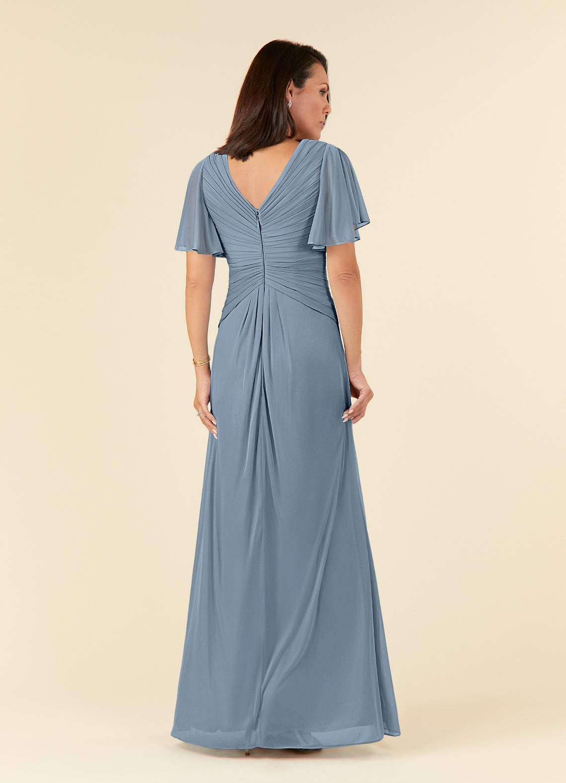 Azazie Emmeline Mother of the Bride Dresses Dusty Blue A-Line V-Neck Pleated Mesh Dress image1