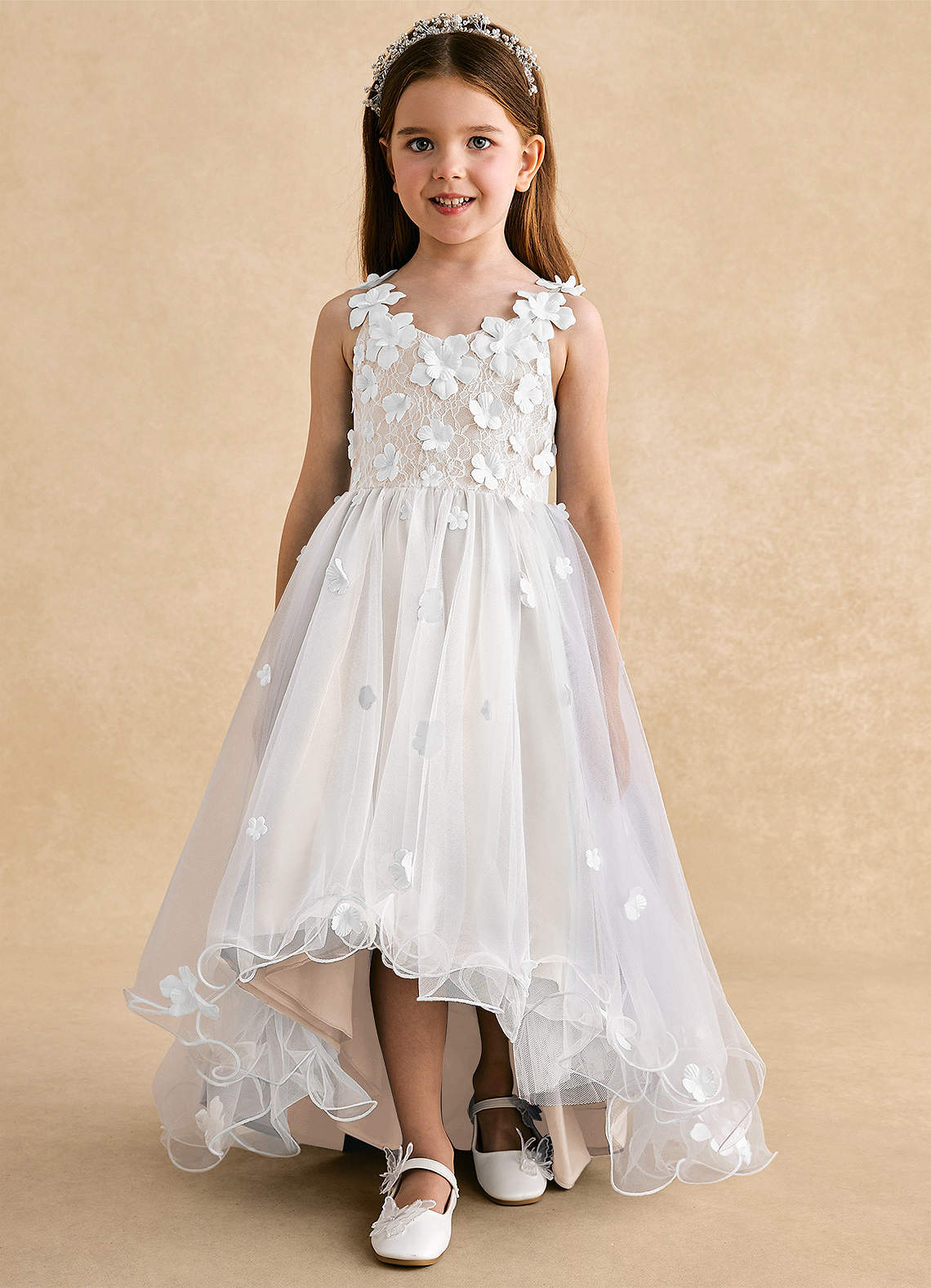 Azazie Celia White Alabaster A-Line Lace Tulle Dress | Azazie CA
