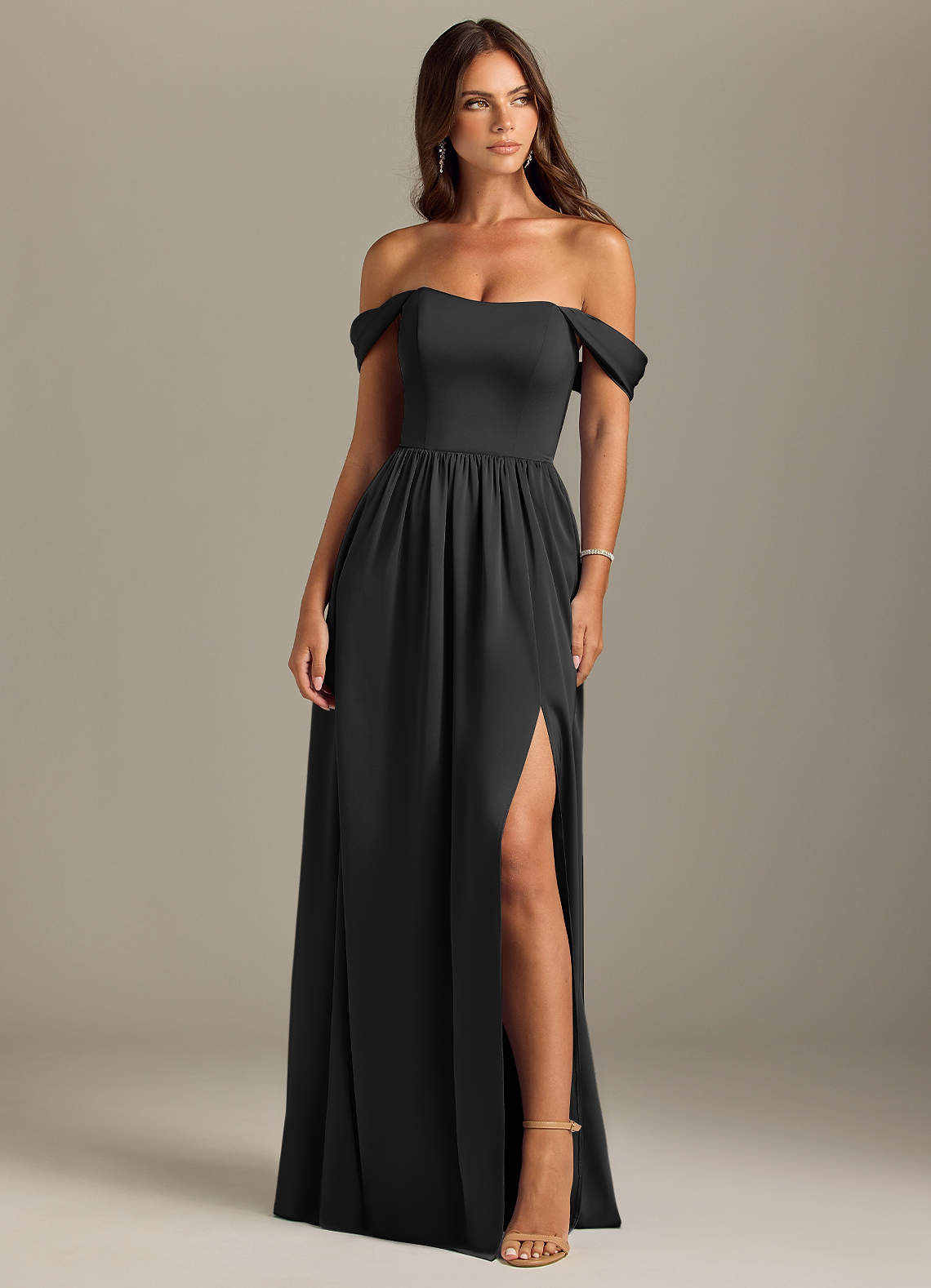 Azazie Calianna Bridesmaid Dresses Black A-Line Off the Shoulder Stretch Satin Convertible Dress image1