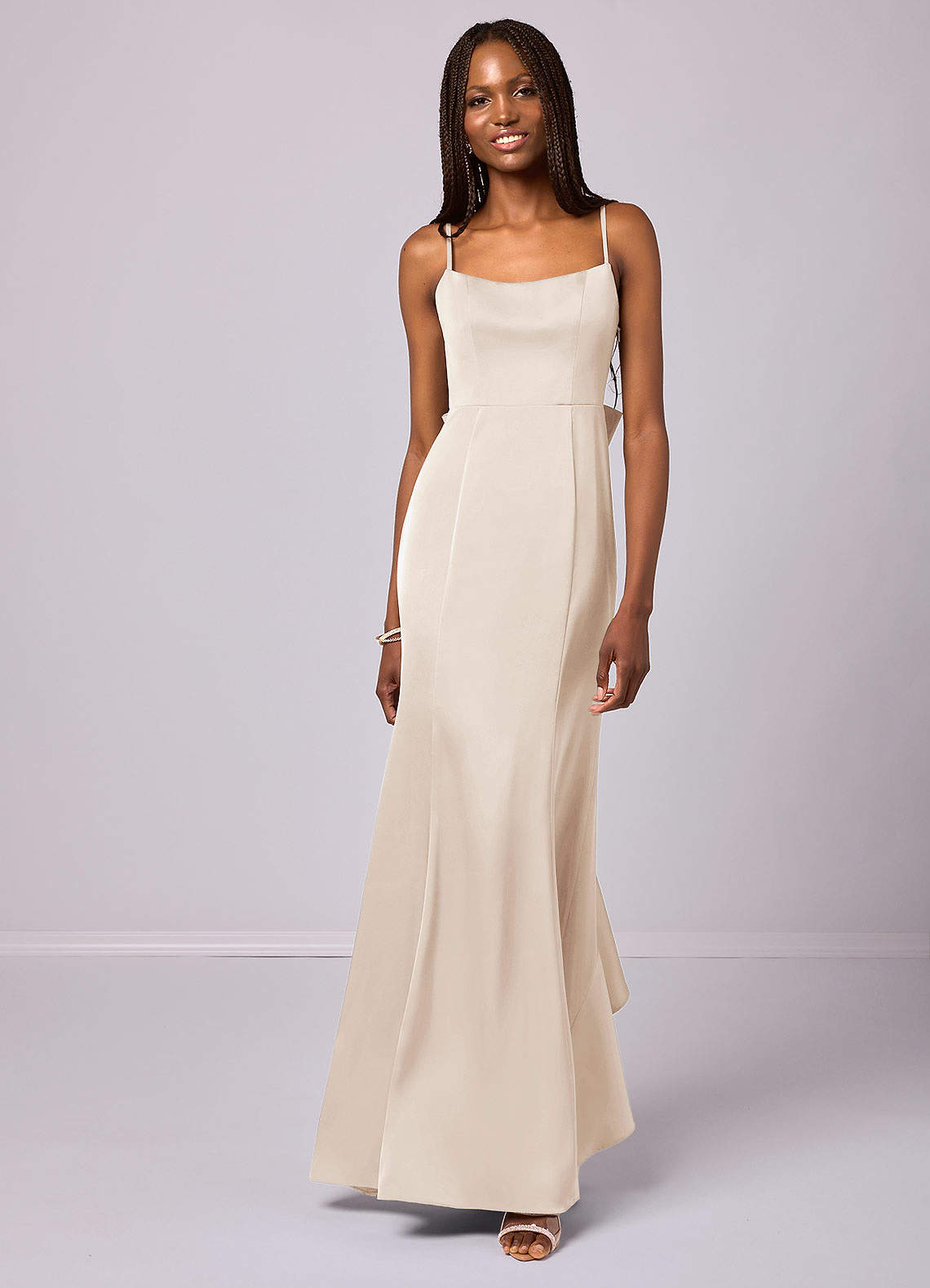 Barbie ♥ Azazie Bridesmaid Dresses White Alabaster Mermaid Bow Stretch Satin Dress image3