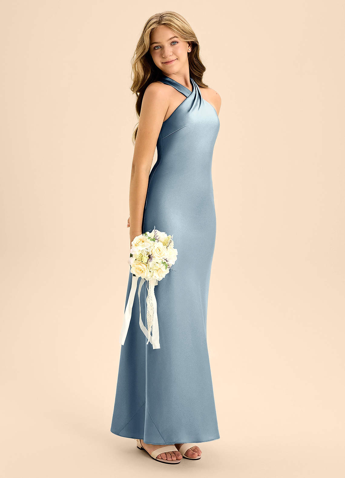 Azazie Doretta Junior Dusty Blue A-Line Pleated Stretch Satin Dress image6