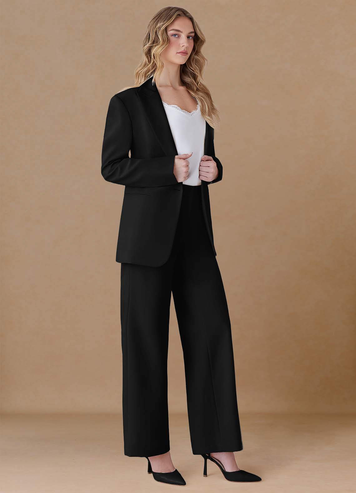 front Amelia Negro Traje extragrande de dos piezas de alto rendimiento con tejido refinado