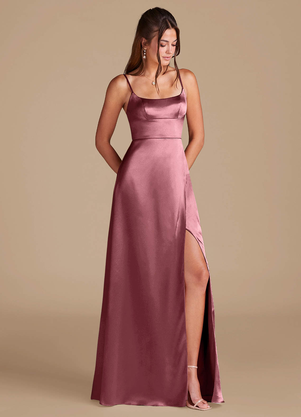 Azazie Halsey Bridesmaid Dresses Desert Rose A-Line Side Slit Metallic Satin Dress image1