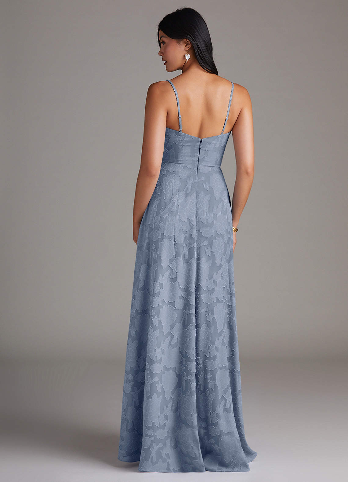 Azazie Moira Bridesmaid Dresses Dusty Blue A-Line Side Slit Floral Burnout Dress image1
