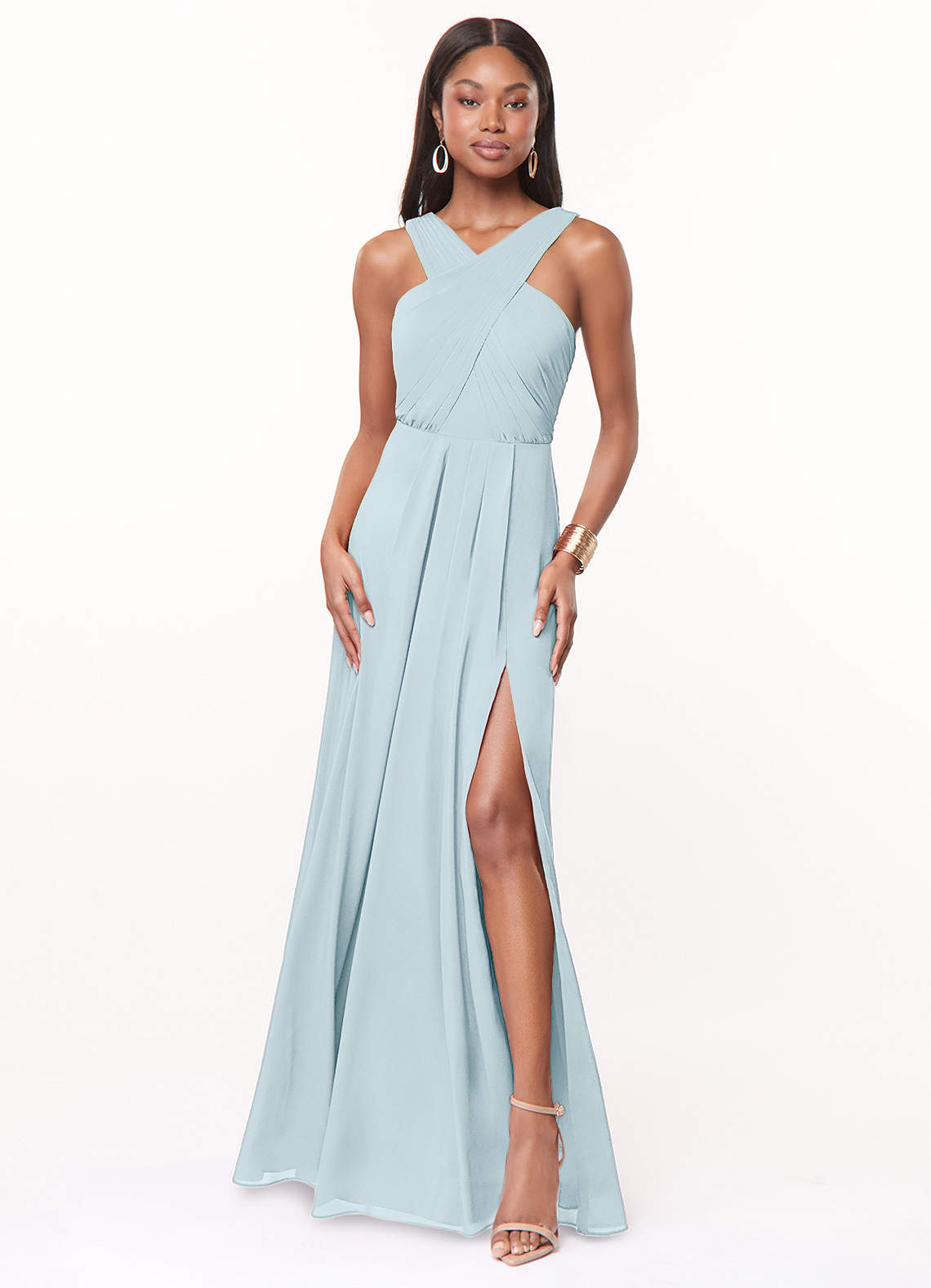 Azazie Brandie Vestidos de damas de honor Vestido de Azul Cielo de Chifón elástico de Corte en A con Plisado image1