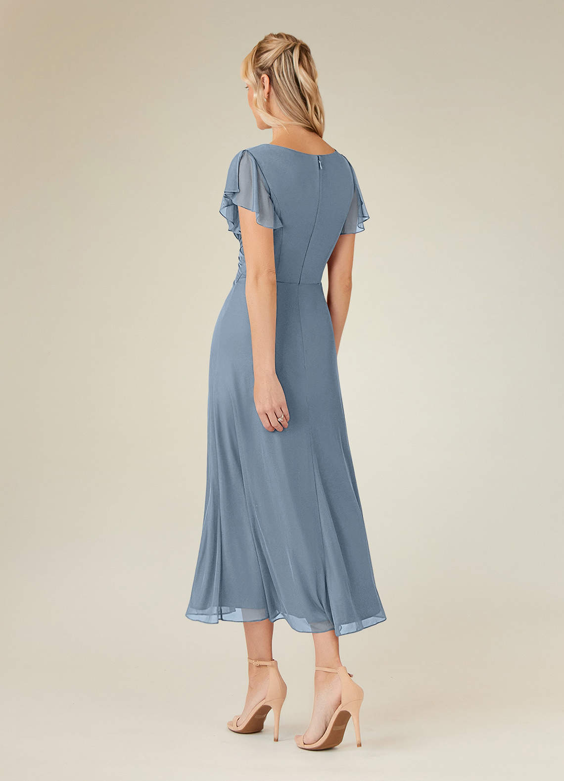 Azazie Vera Mother of the Bride Dresses Dusty Blue A-Line V-Neck Pleated Mesh Dress image2