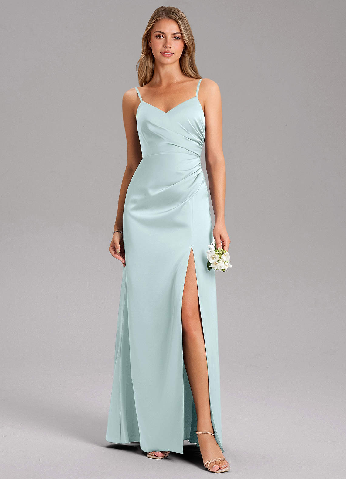 Azazie Azuree Bridesmaid Dresses Sea Glass A-Line Pleated Stretch Satin Dress image1