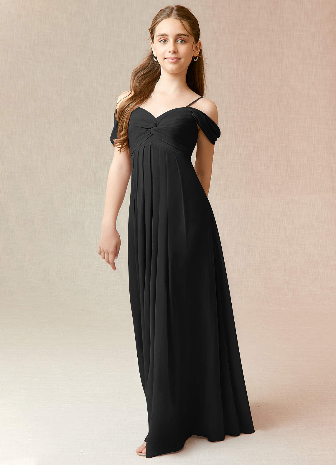 Azazie Kaitlynn Junior Black A-Line Off the Shoulder Chiffon Dress image1